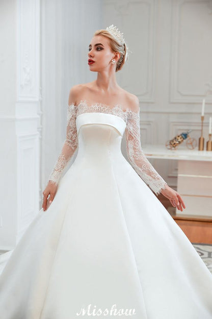 Romantic Lace Princess Satin Wedding Dress| Aline Bridal Gown with Cathedral Train