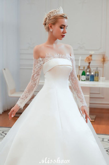 Romantic Lace Princess Satin Wedding Dress| Aline Bridal Gown with Cathedral Train