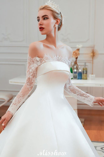 Romantic Lace Princess Satin Wedding Dress| Aline Bridal Gown with Cathedral Train