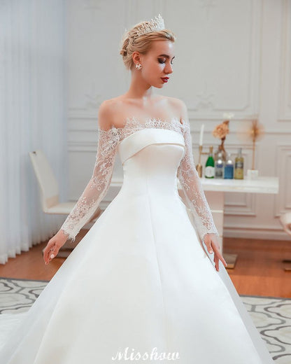 Romantic Lace Princess Satin Wedding Dress| Aline Bridal Gown with Cathedral Train