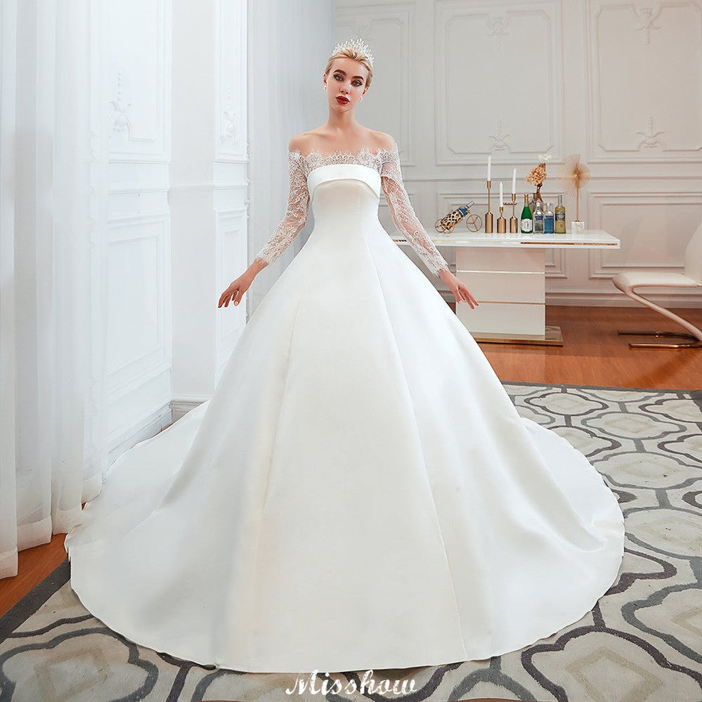 Romantic Lace Princess Satin Wedding Dress| Aline Bridal Gown with Cathedral Train