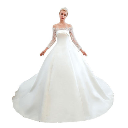 Romantic Lace Princess Satin Wedding Dress| Aline Bridal Gown with Cathedral Train