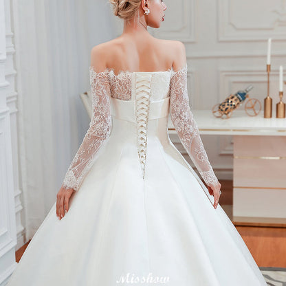 Romantic Lace Princess Satin Wedding Dress| Aline Bridal Gown with Cathedral Train