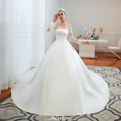 Romantic Lace Princess Satin Wedding Dress| Aline Bridal Gown with Cathedral Train
