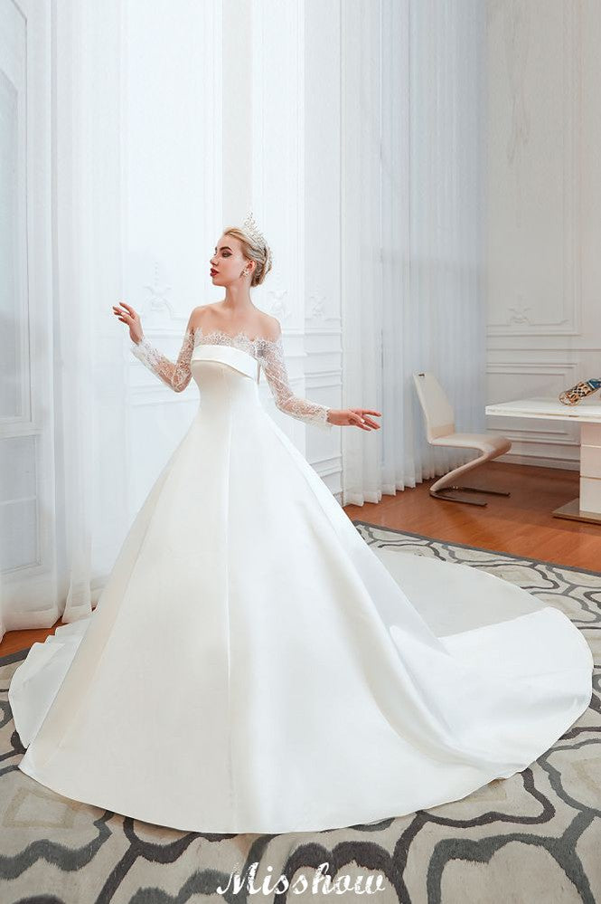 Romantic Lace Princess Satin Wedding Dress| Aline Bridal Gown with Cathedral Train