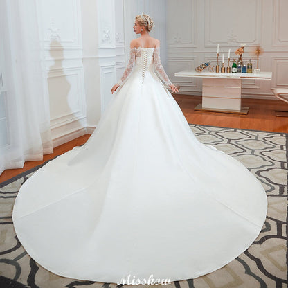Romantic Lace Princess Satin Wedding Dress| Aline Bridal Gown with Cathedral Train