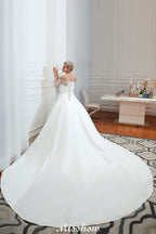 Romantic Lace Princess Satin Wedding Dress| Aline Bridal Gown with Cathedral Train
