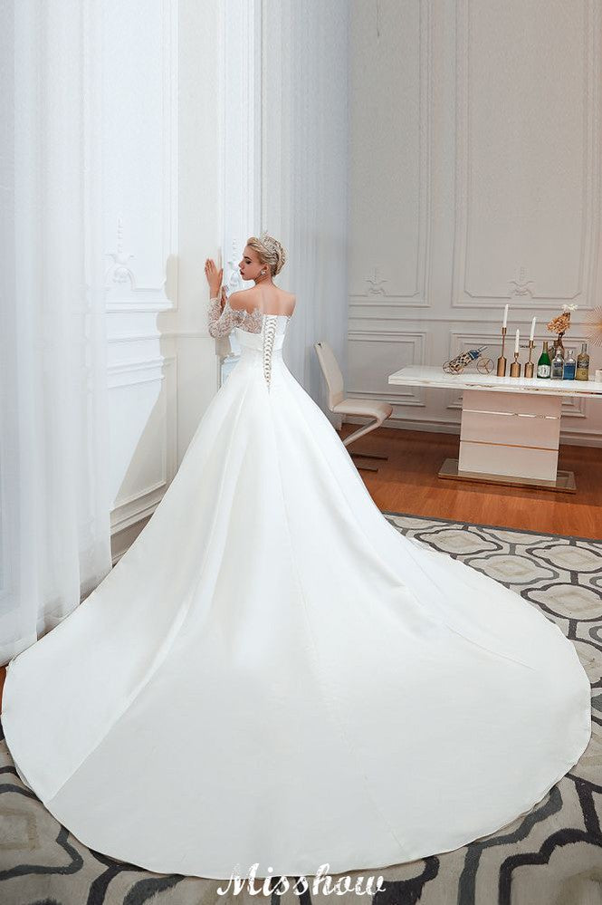 Romantic Lace Princess Satin Wedding Dress| Aline Bridal Gown with Cathedral Train