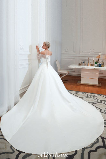 Romantic Lace Princess Satin Wedding Dress| Aline Bridal Gown with Cathedral Train