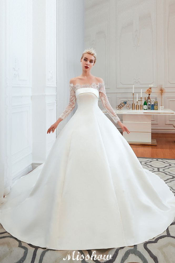 Romantic Lace Princess Satin Wedding Dress| Aline Bridal Gown with Cathedral Train