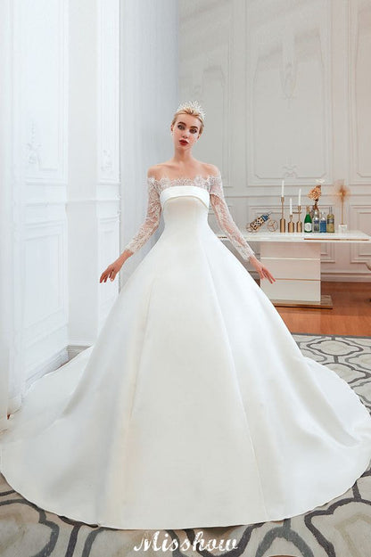 Romantic Lace Princess Satin Wedding Dress| Aline Bridal Gown with Cathedral Train