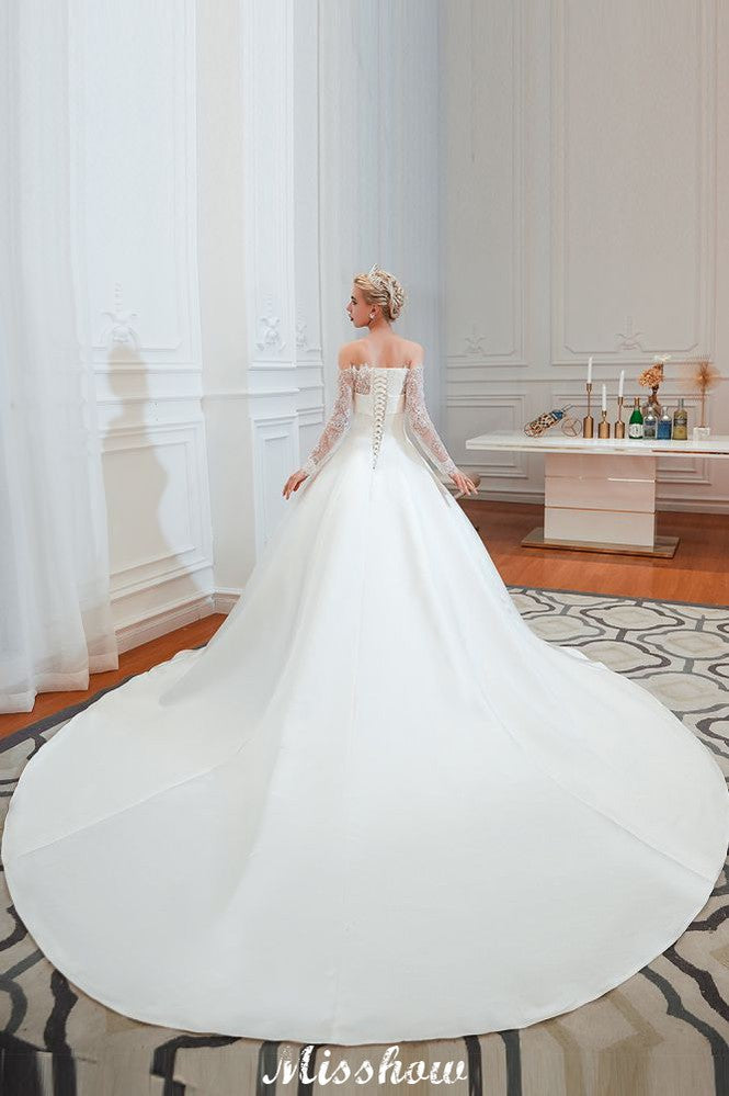 Romantic Lace Princess Satin Wedding Dress| Aline Bridal Gown with Cathedral Train