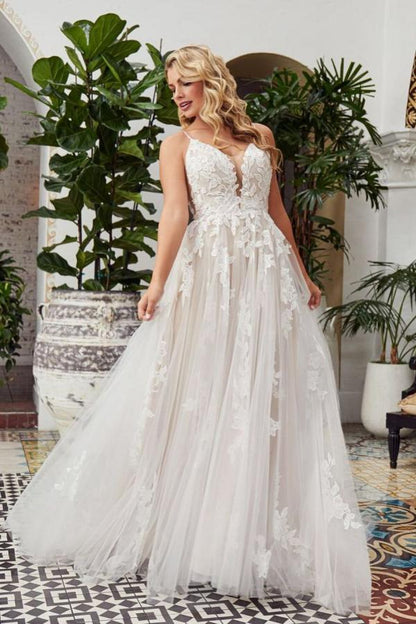 Romantic Long A-line V-neck Lace Tulle Lace Open Back Wedding Dress