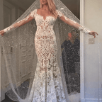 Romantic Long Appliques Backless Lace Mermaid Ivory Wedding Dresses WD140