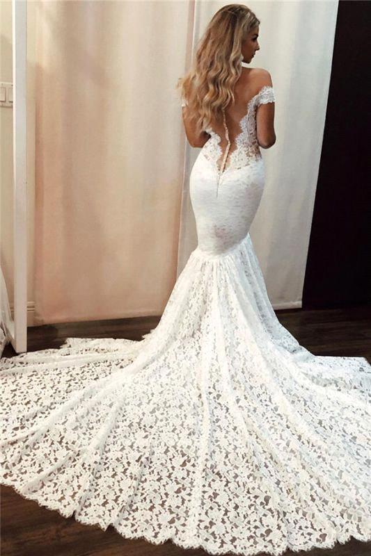 Romantisches langes schulterfreies Meerjungfrau-Brautkleid mit Applikationen und Spitze