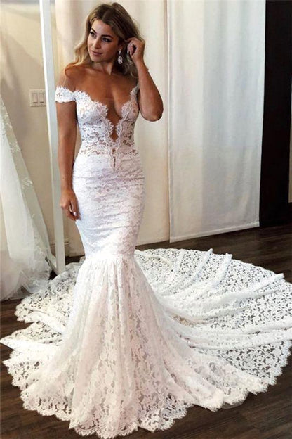 Vestido de novia romántico de sirena con apliques de encaje y hombros descubiertos