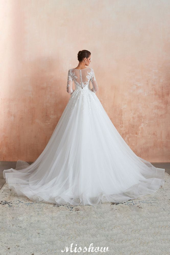 Romantisches Ballkleid mit langen Ärmeln, Spitze, Tüll, vollständig bedeckte Knöpfe, A-Linie, Brautkleid mit Hofschleppe