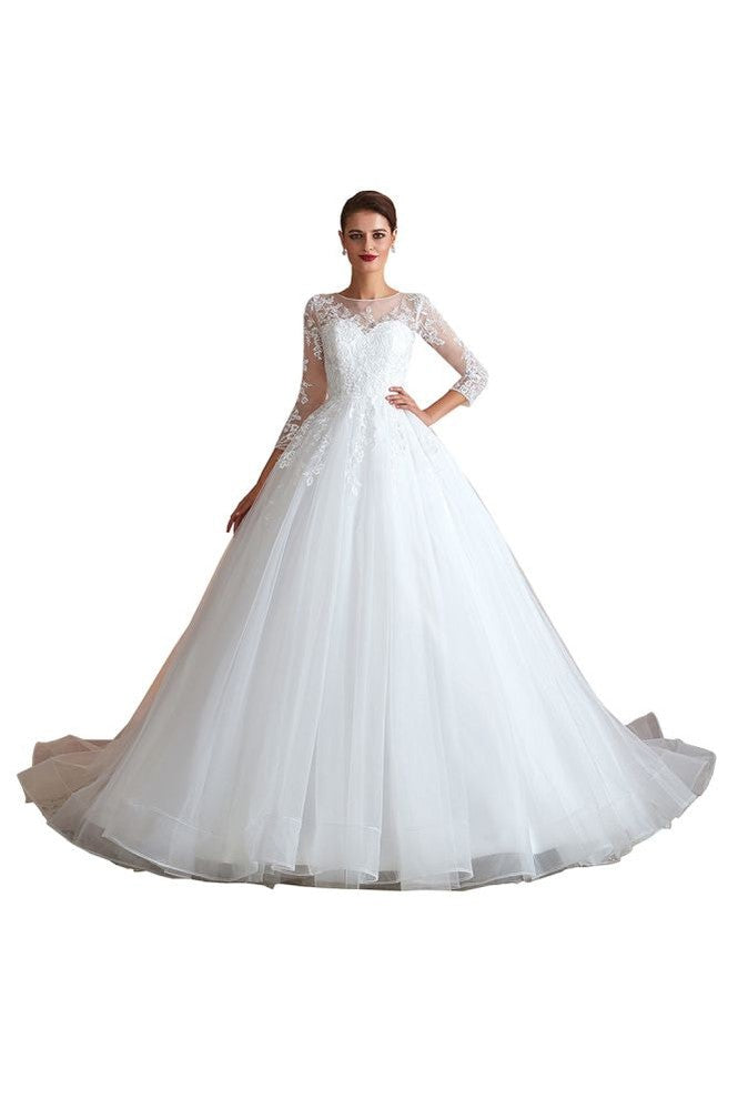 Romantisches Ballkleid mit langen Ärmeln, Spitze, Tüll, vollständig bedeckte Knöpfe, A-Linie, Brautkleid mit Hofschleppe