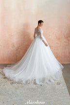Romantisches Ballkleid mit langen Ärmeln, Spitze, Tüll, vollständig bedeckte Knöpfe, A-Linie, Brautkleid mit Hofschleppe
