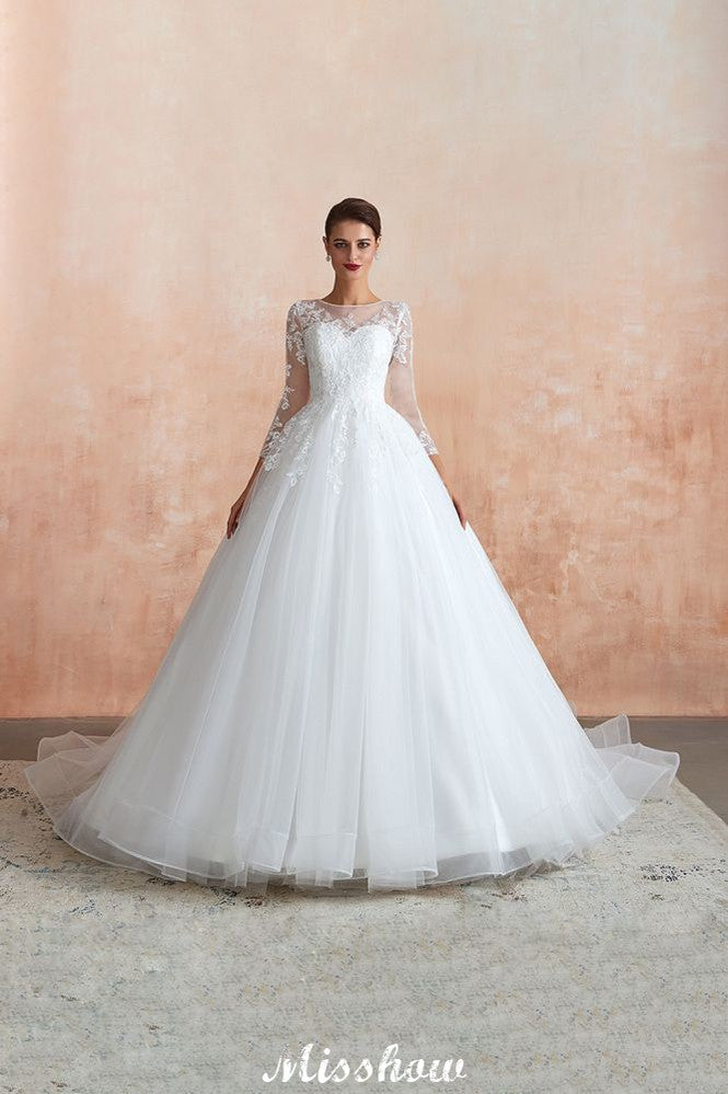 Romantic Long Sleeve Lace Ball Gown Tulle Fully Covered Buttons Aline Wedding Dress with Court Train