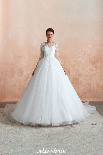Romantic Long Sleeve Lace Ball Gown Tulle Fully Covered Buttons Aline Wedding Dress with Court Train