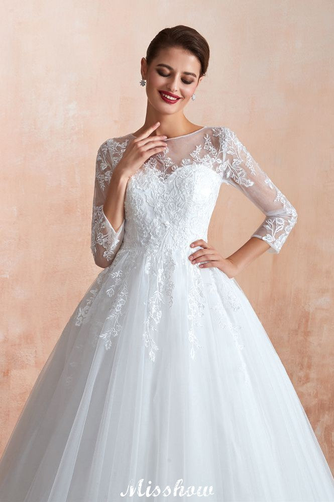 Romantic Long Sleeve Lace Ball Gown Tulle Fully Covered Buttons Aline Wedding Dress with Court Train