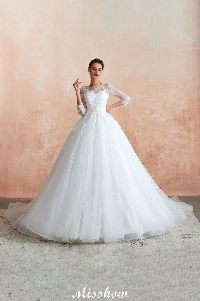 Romantisches Ballkleid mit langen Ärmeln, Spitze, Tüll, vollständig bedeckte Knöpfe, A-Linie, Brautkleid mit Hofschleppe