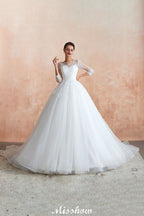 Romantisches Ballkleid mit langen Ärmeln, Spitze, Tüll, vollständig bedeckte Knöpfe, A-Linie, Brautkleid mit Hofschleppe