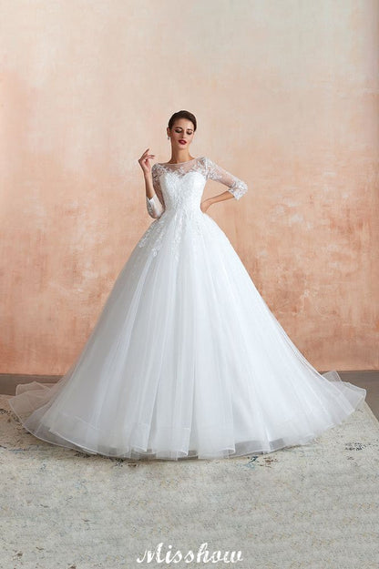 Romantic Long Sleeve Lace Ball Gown Tulle Fully Covered Buttons Aline Wedding Dress with Court Train