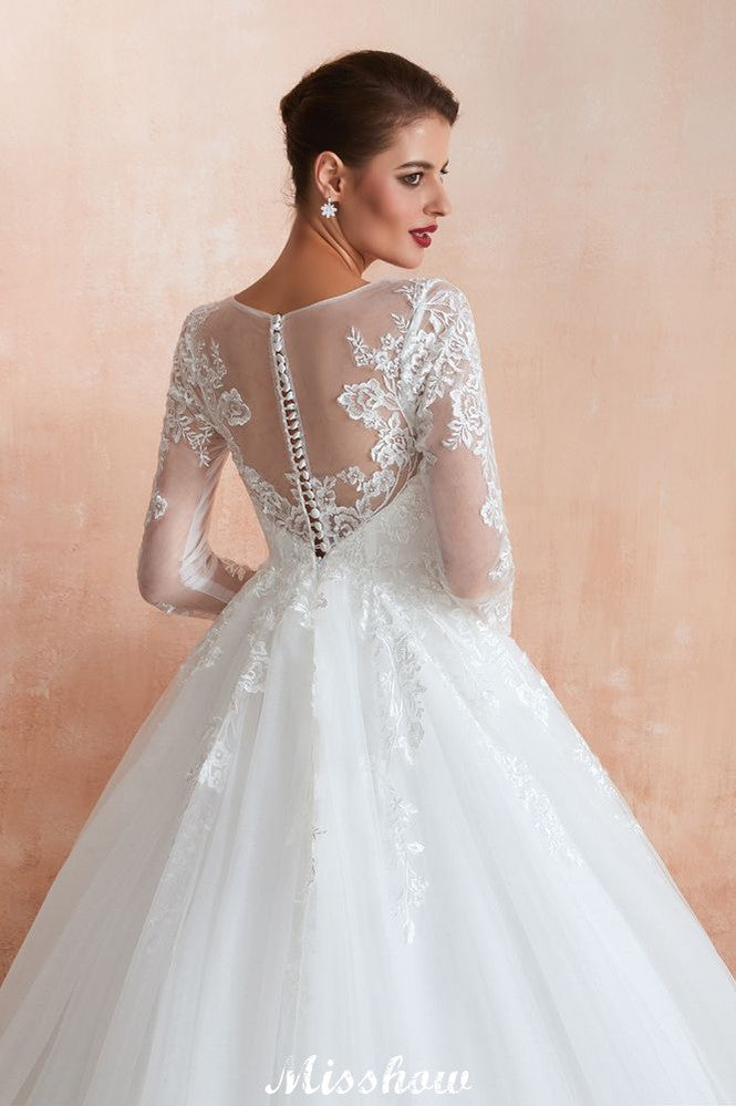 Romantic Long Sleeve Lace Ball Gown Tulle Fully Covered Buttons Aline Wedding Dress with Court Train