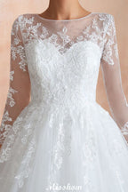 Romantisches Ballkleid mit langen Ärmeln, Spitze, Tüll, vollständig bedeckte Knöpfe, A-Linie, Brautkleid mit Hofschleppe