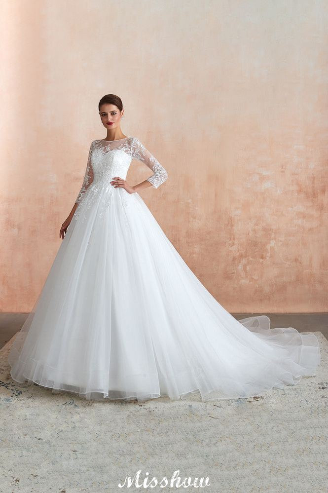 Romantic Long Sleeve Lace Ball Gown Tulle Fully Covered Buttons Aline Wedding Dress with Court Train