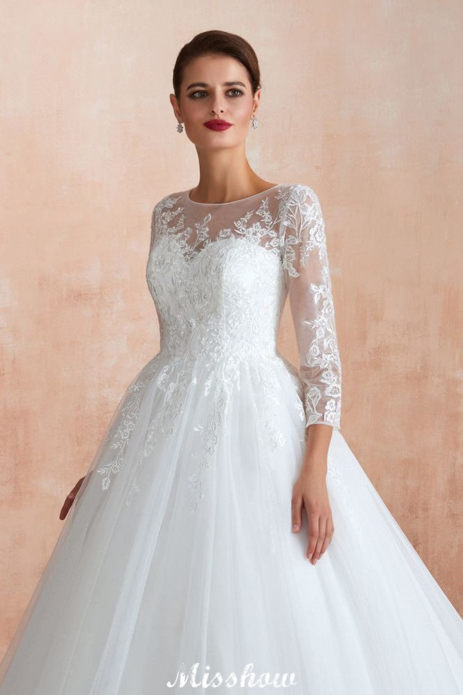 Romantisches Ballkleid mit langen Ärmeln, Spitze, Tüll, vollständig bedeckte Knöpfe, A-Linie, Brautkleid mit Hofschleppe