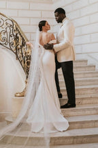 Romantic spaghetti straps cap sleeves mermaid satin Wedding dress