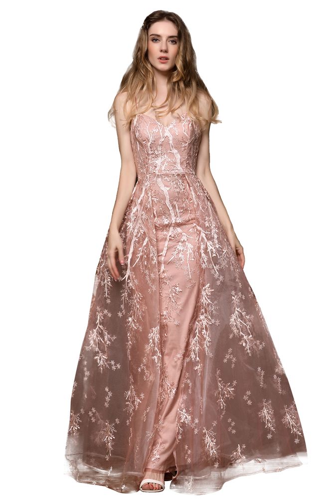 Romantisches A-Linien-Abendkleid mit abnehmbarer Schleppe und Trägern, ärmellos, bodenlang