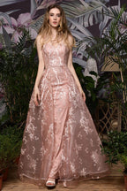 Romantisches A-Linien-Abendkleid mit abnehmbarer Schleppe und Trägern, ärmellos, bodenlang