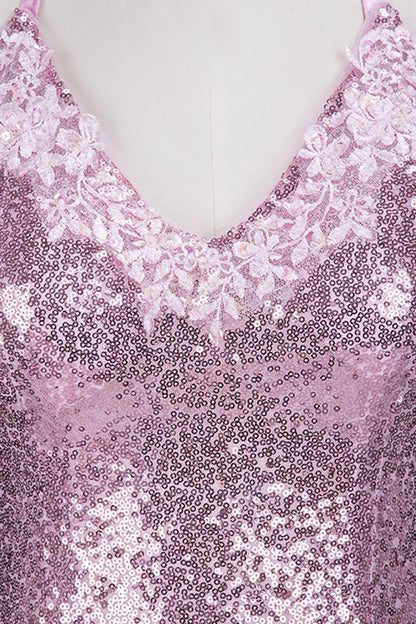 Rose Pink Sequins Mermaid Long Spaghetti Straps V-neck Prom Dresses