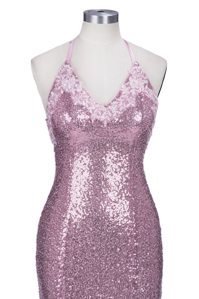 Rose Pink Sequins Mermaid Long Spaghetti Straps V-neck Prom Dresses