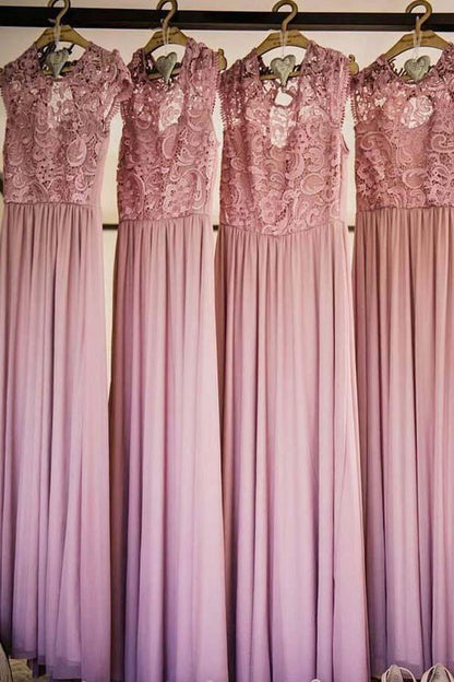 Round Neck Cap Sleeves  Chiffon Bridesmaid Dress with Lace BD050