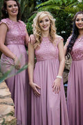 Vestido de dama de honor de gasa con cuello redondo y mangas cortas con encaje BD050