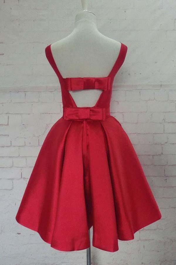 Vestido corto de satén rojo con cuello redondo y corte A, para fiesta de bienvenida, PD129