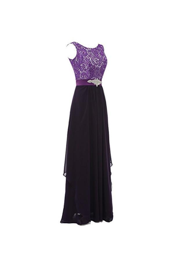 Round Neck Lace Sleeveless Long Prom Evening Dresses Bridesmaid Dress BD010