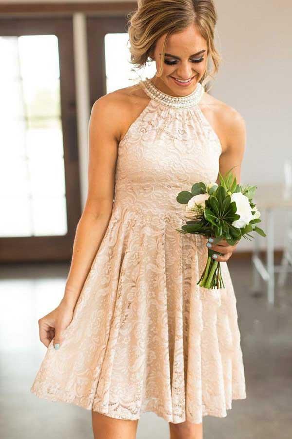 Vestido corto de fiesta de bienvenida con cuello redondo, encaje rosa perla y perlas PD078