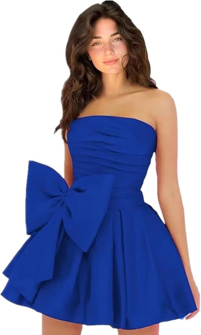 Vestidos de fiesta cortos y elegantes de corte A, sin mangas, sin tirantes, fruncidos, con cordones y lazo