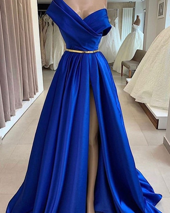 Königsblaues langes A-Linien-Ballkleid aus Satin mit einer Schulter und Schlitz