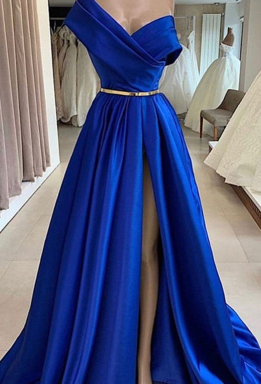Königsblaues langes A-Linien-Ballkleid aus Satin mit einer Schulter und Schlitz