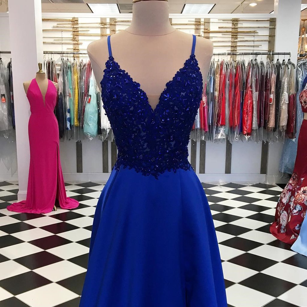 Königsblaues langes A-Linien-Abendkleid aus Satin mit Pailletten und V-Ausschnitt