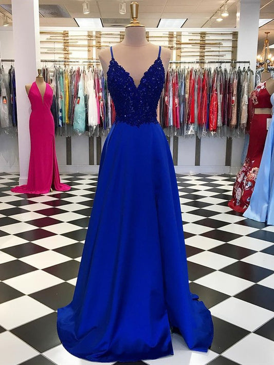 Königsblaues langes A-Linien-Abendkleid aus Satin mit Pailletten und V-Ausschnitt