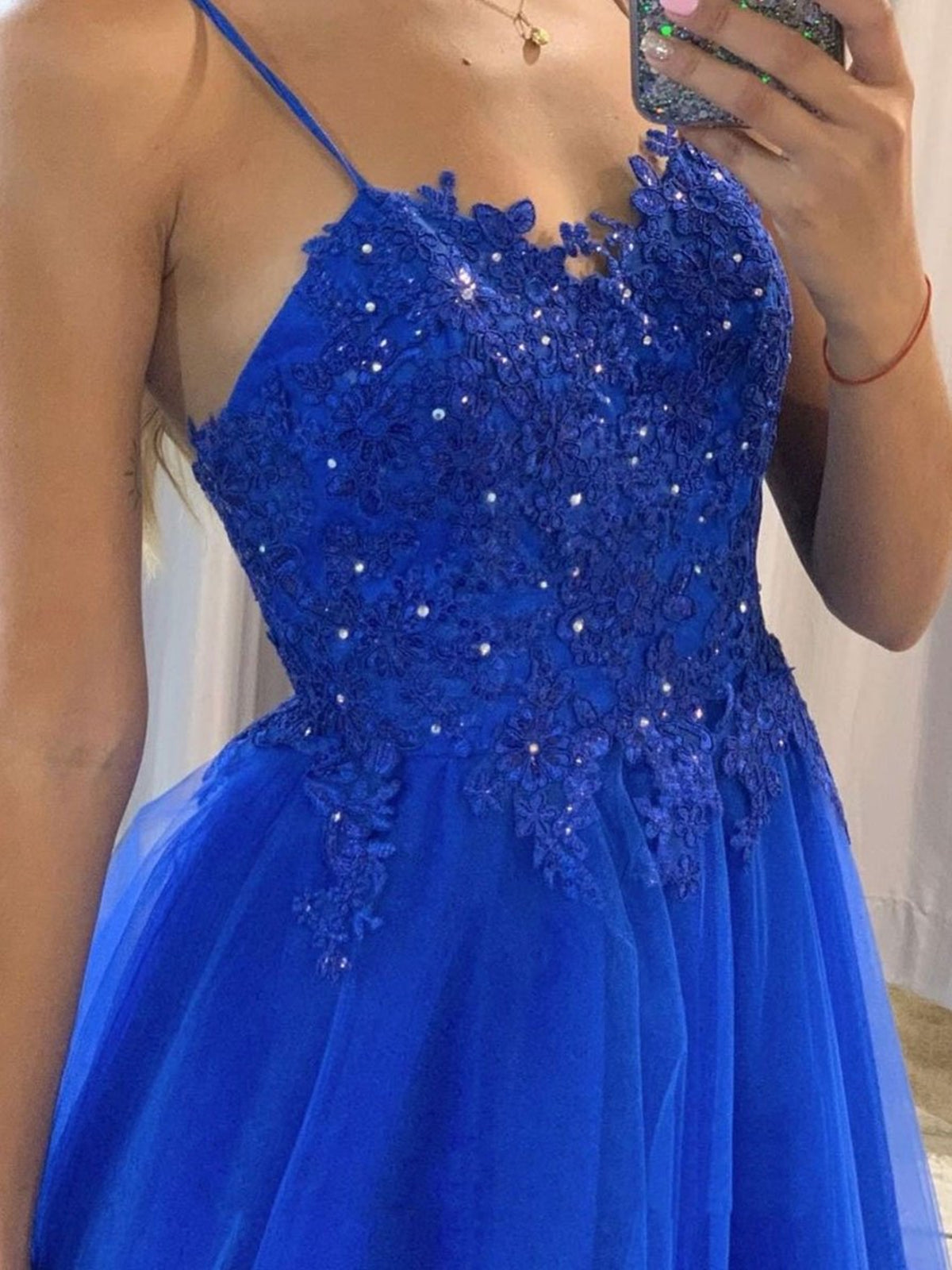 Königsblaues langes A-Linien-Abendkleid mit Herzausschnitt und Tüllspitze