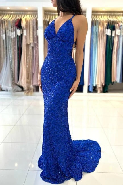 Königsblaues langes Meerjungfrau-Abendkleid mit V-Ausschnitt und Spaghettiträgern, rückenfrei, mit Pailletten